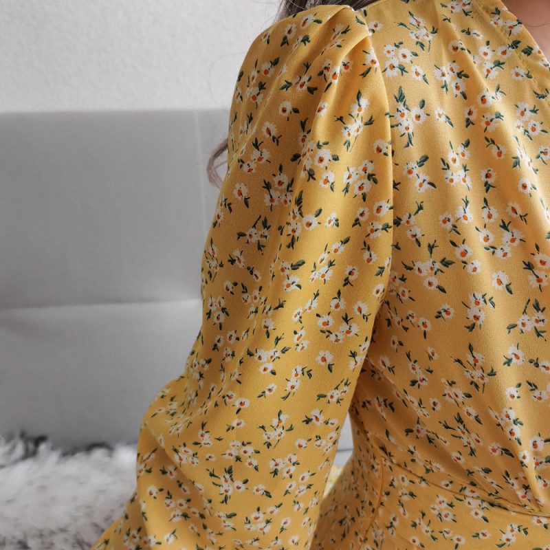 Autumn Winter Sexy V neck Long Sleeve Floral Chiffon Dress Women Clothing - Image 4