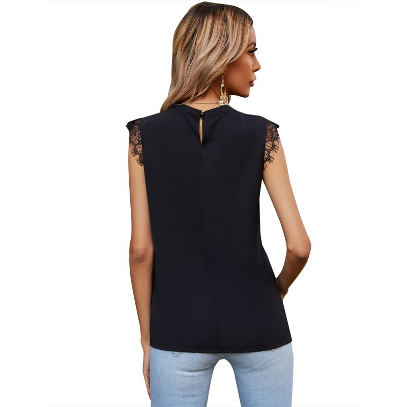 Women Clothing Stitching Lace Edge Half Turtleneck Sleeveless Sexy Shirt - Image 2