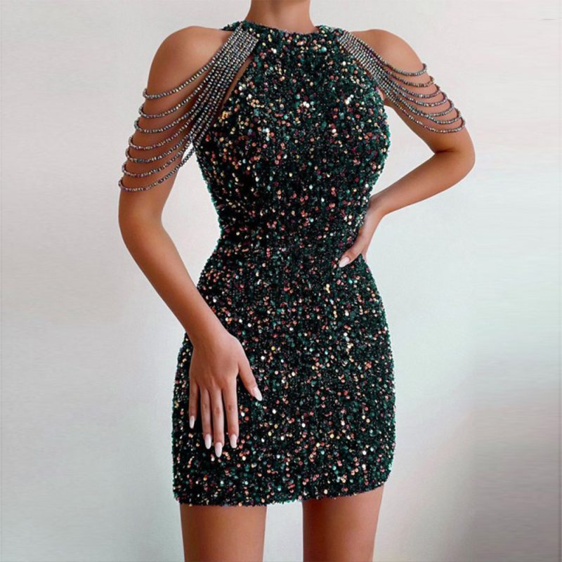 Spring Summer Halter Sexy Crystal Fringed Sheath Sequined Dress Mid Waist Evening Dress - Image 2