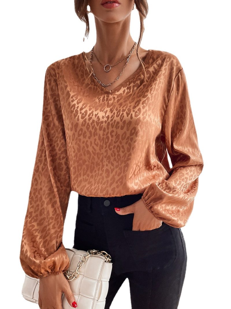 Spring V-neck Pullover Leopard-Print Shirt Women Artificial Silk Jacquard Long-Sleeved Shirt - Image 5