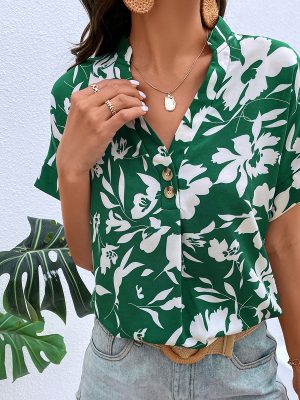 Summer Casual Loose Polo Collar Green Shirt for Women