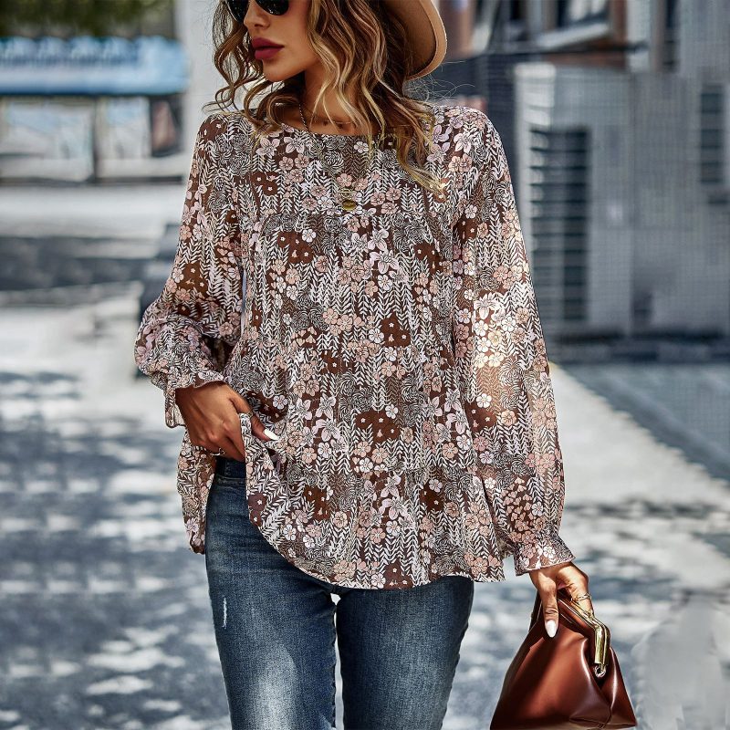 Women Blouses Top Spring Summer Pattern Print T shirt Babydoll - Image 3