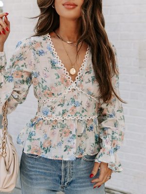 Spring Summer Printed V-neck Lantern Long Sleeve Casual Patchwork Chiffon Shirt Women Top