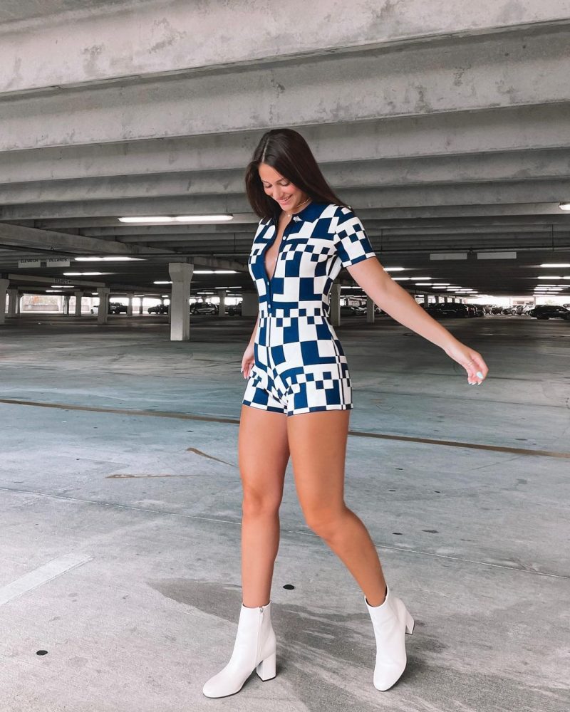 Sexy Plaid Short Sleeve Collared Tight Jumpsuit Sexy Knitted Short Romper Women - Image 4