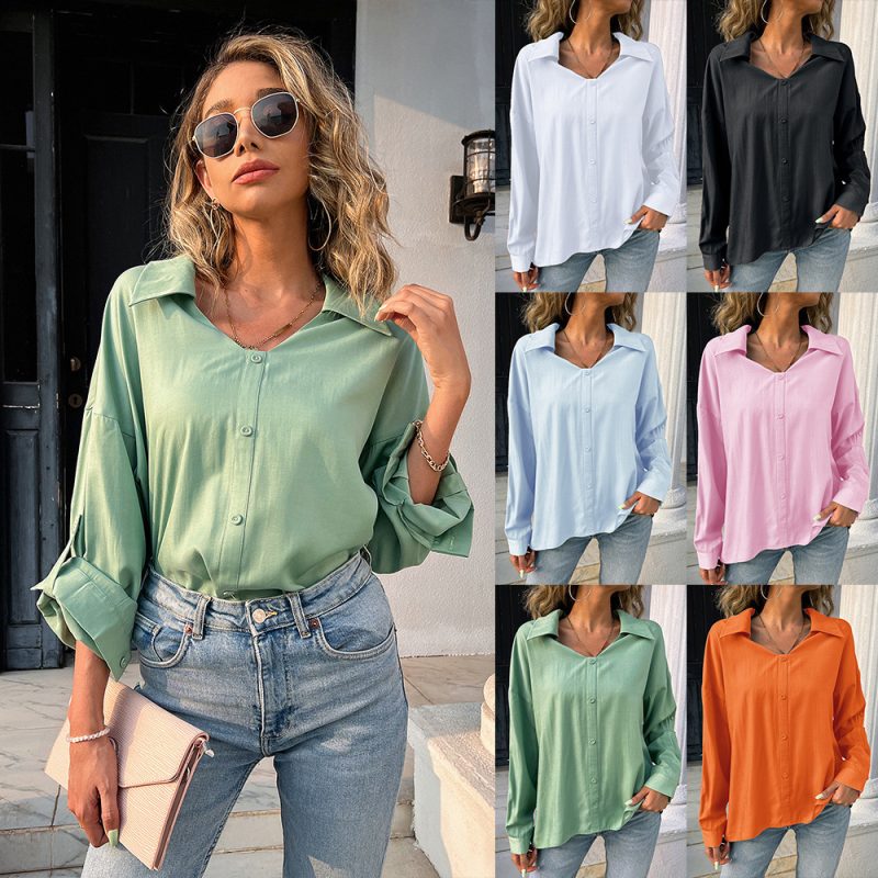 Summer Women Clothing Solid Color Long Sleeve Breasted V-neck Top Loose Shirt T-shirt Women - Image 5