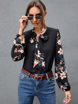 Autumn Winter Black Printed Patchwork Long Sleeves Women