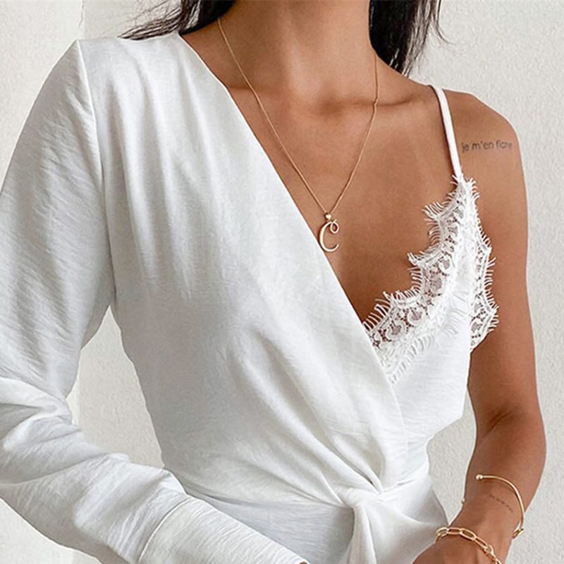 Summer Lace Stitching Irregular Asymmetric Champray Niche Shirt Women Sling - Image 2