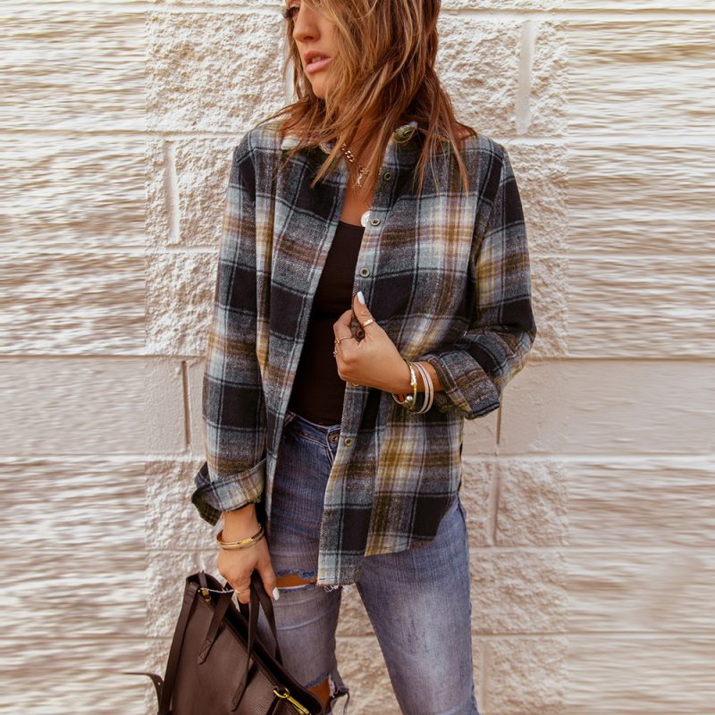 Fall Mid Length Plaid Shirt For Women Collared Loose Long Sleeve Top - Image 2
