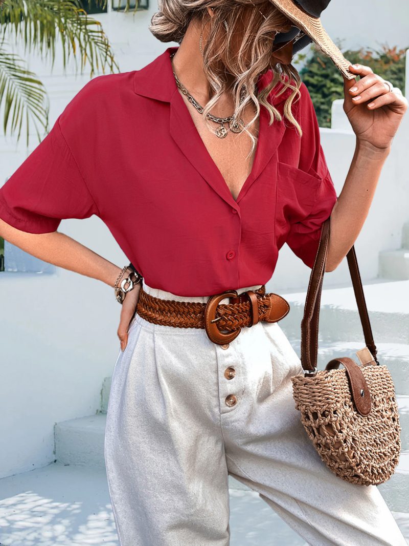 Spring Summer Vintage Suit Collar Short Sleeved Shirt Loose Top Women - Image 3