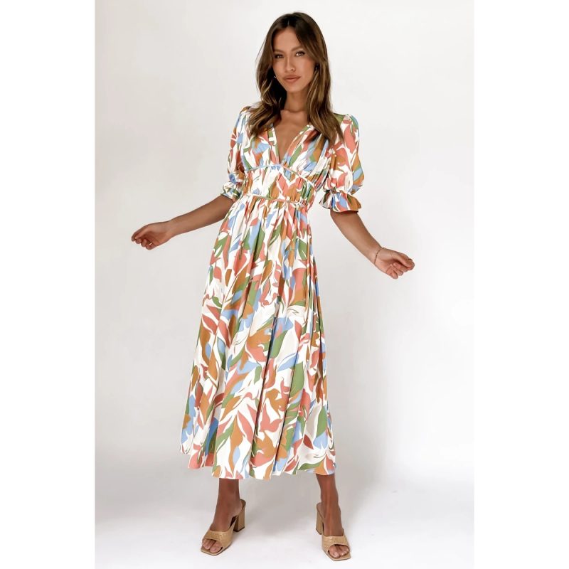 Spring Summer Digital Floral Print Fresh Sweet Mid-Length Dress - Image 3