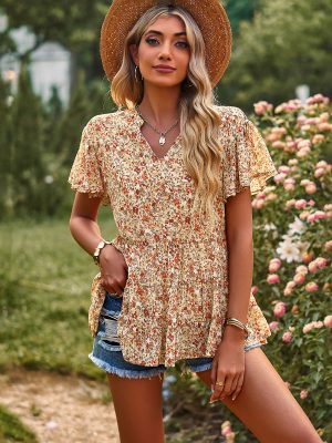 Station V Neck Printed Top Spring Summer Vacation Casual Shirt