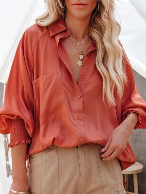 Spring New Button Loose Lantern Sleeve Long Sleeve Shirt Women Clothing