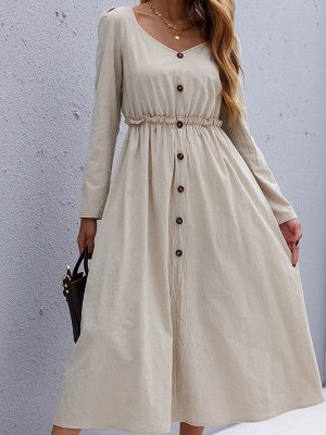 Women Clothing Khaki Maxi Dress Crew Neck Casual Waist-Controlled Long Sleeves Dress