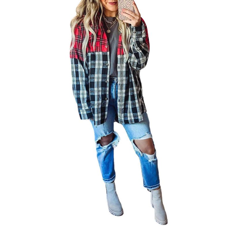 Autumn Winter Plaid Casual Shirt Stitching Printing Long Sleeve Cardigan  Women - Image 3