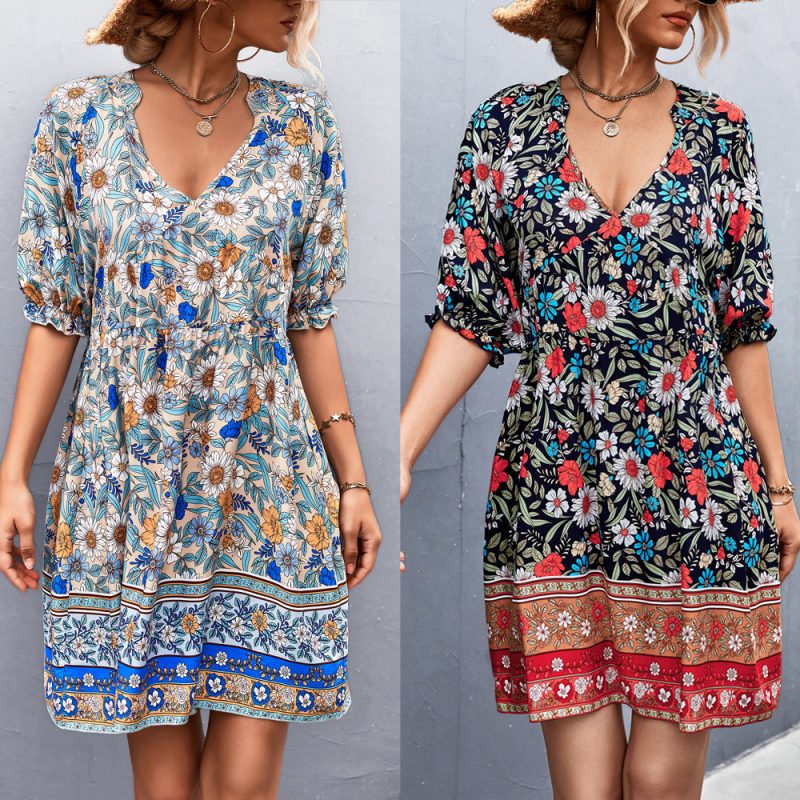 Spring Summer Bohemian V-neck Positioning Floral Dress for Women - Image 5
