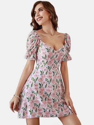 French Sweet Puff Sleeve Dress Summer Women Clothing Light Luxury Slimming Sexy Square Collar A Line Dress