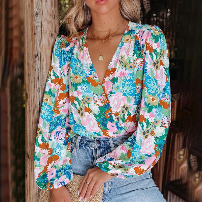 Summer Women Clothing Printed V neck Lantern Long Sleeve Loose Casual Shirt - Image 3