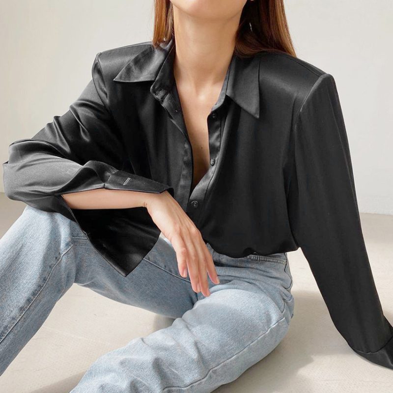Autumn Winter Women Clothing Long Sleeve Collared Elegant Sexy Satin Right-Angle Shoulder Office Design Pink Shirt - Image 3
