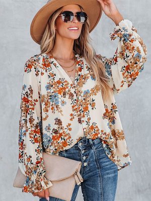 Black Wildflower Printed Chiffon Shirt Women Loose V neck Pullover Top