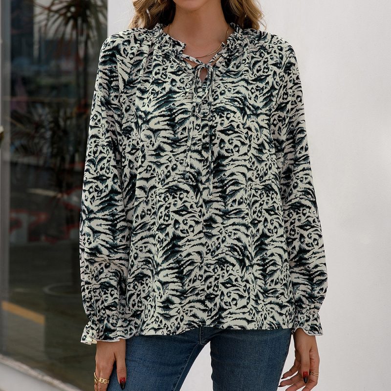 Leopard Print Long Sleeve V neck Shirt Casual Loose Small Floral Wood Ear Collar Shirt Top Women - Image 3