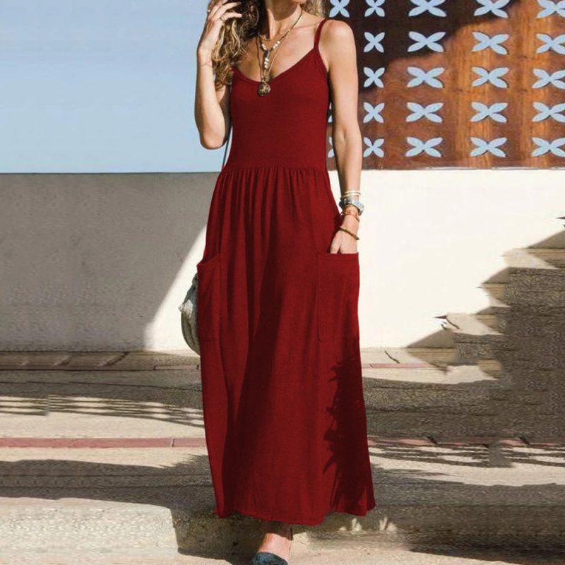 Strap Dress Solid Color Casual Swing Dress Pocket Pleated Dress Women Clothing - Image 2