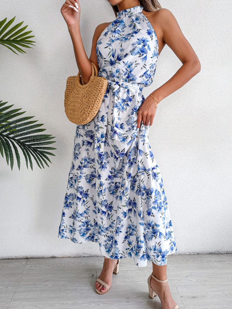 Halter Lace-up Backless Floral Dress Irregular Asymmetric Holiday Dress Women Clothing - Image 2