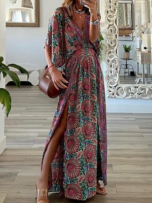 Autumn V neck Short Sleeve Loose Bohemian Mid Length Printed Dress