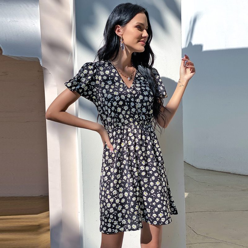 Women Clothing Princess Sleeves Chamomile Short High Waist V-neck Black Sexy Floral Dress - Image 4