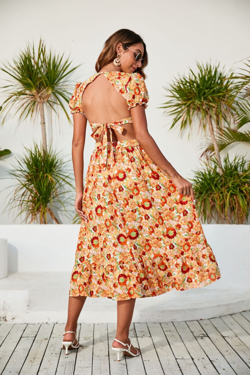 Spring Summer Women Clothing V Neck Printed Dress Backless Midi Dress - Image 4