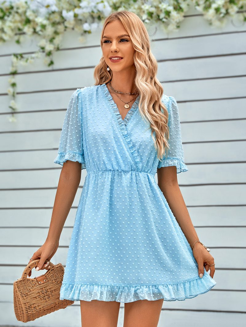 Spring Summer Women Clothing Casual V neck Solid Color Short Sleeve Fur Ball Dress for Women - Image 2
