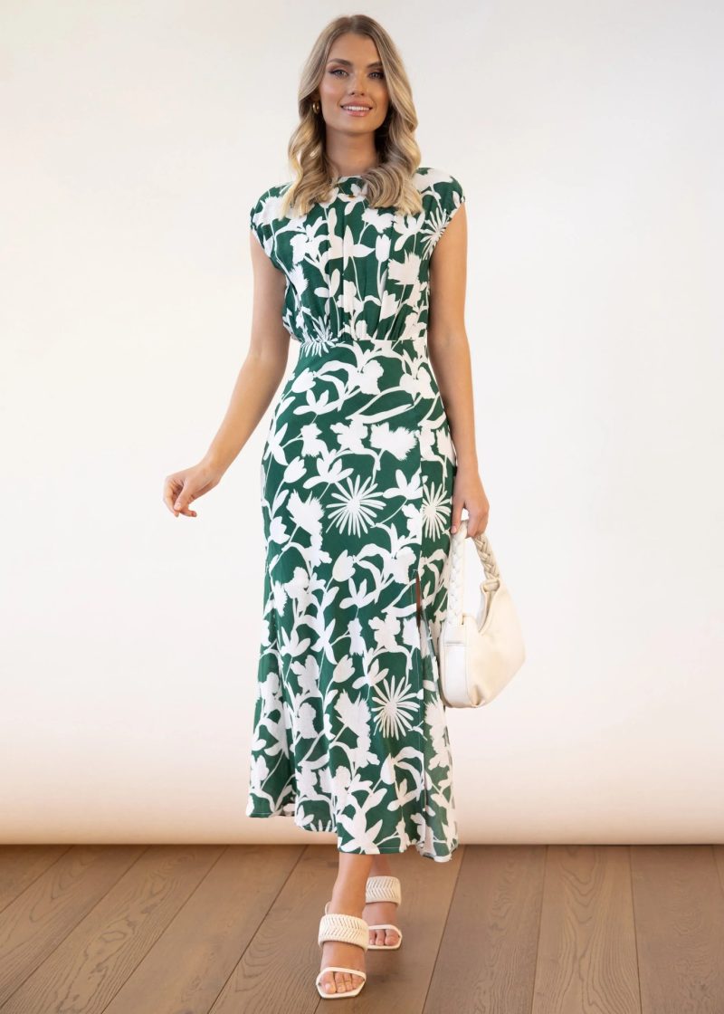 Round Neck Short Sleeve Printed Fold Split Dress Women  Clothing