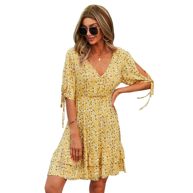 Floral Dress Summer V-neck Sexy Short Sleeve A- line Dress - Image 4