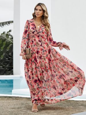 Women Tulle Floral Dress Women Loose Casual Chiffon Dress