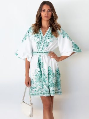 Women Clothing  Lantern Sleeve Summer Retro Printed V-neck Short Dress for