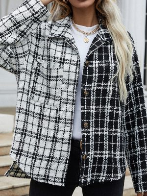 Autumn color block Long Sleeve Shirt Black White Stitching Plaid Single-Breasted Cardigan Women