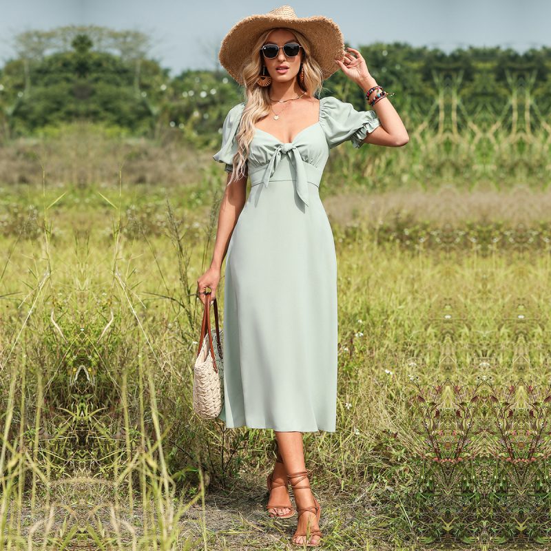 V neck Lace up Seersucker Green Elegant Dress Spring Summer Women