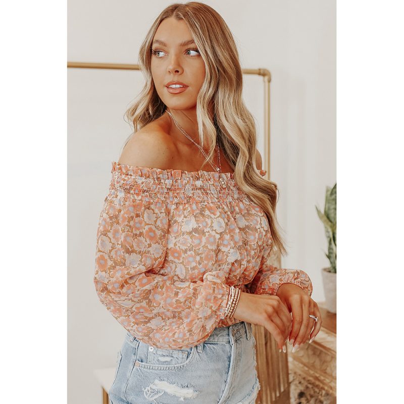 Sexy off-Shoulder off-Shoulder Long-Sleeved Top Women Spring Autumn Waist-Tight Floral T-shirt - Image 3