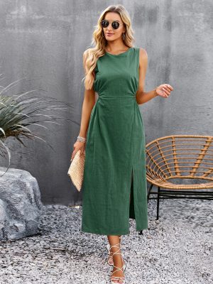 Solid Color Dress Summer Waist Controlled Long Sleeveless Vest Dress