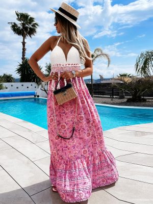 Spring Summer Sexy Floral  Women Crochet Bra Halter Maxi Dress