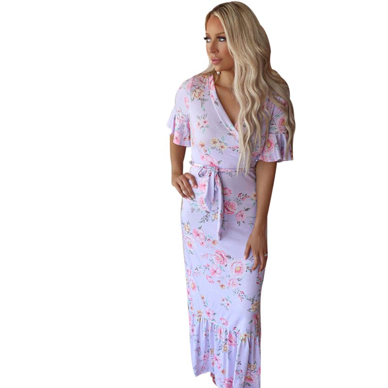 Summer Fashion Floral Print Short Sleeve V-neck Casual Dress Pajamas Women - Image 4