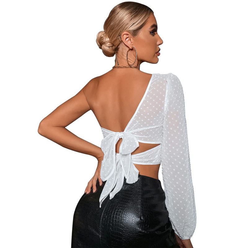 Women Knotted Short Irregular Asymmetric Hollow-out Exposed cropped Twist Polka Dot Top Fashionable T-shirt Long Sleeve - Image 5