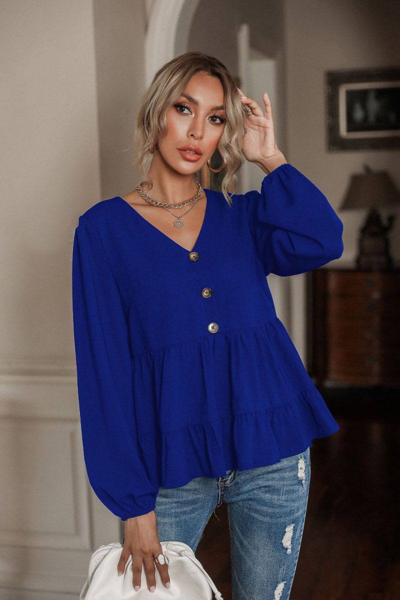 Best Long Sleeved Women Shirt V neck Buckle Babydoll Top - Image 3