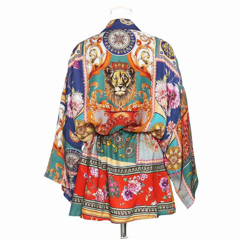 Printed Drawstring Waist Retro Adjustable Handsome Retro Collared Loose Shirt  for Women - Image 3
