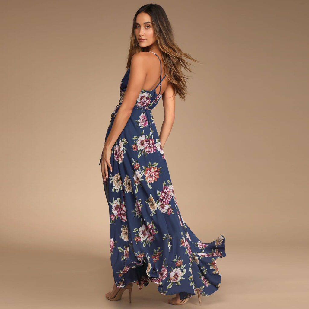Floral Print Women Sexy V-neck Strap Backless Elegant Dress Advanced Split Dress Summer - Image 3