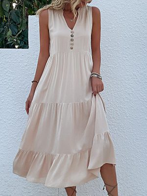 Summer Vest Dress Sleeveless Loose Casual Solid Color Babydoll Dress