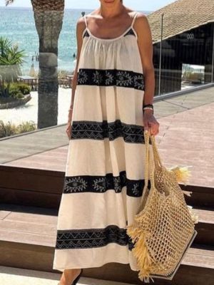 Women Clothing Summer Bohemian Mid Length Printing Slip Dress