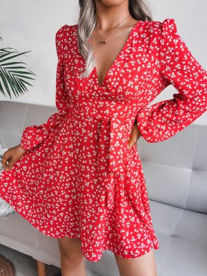 Autumn Winter Sexy V neck Long Sleeve Floral Chiffon Dress Women Clothing