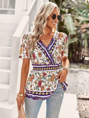 Vintage Printed Shirt Women Summer V Neck Short Sleeve Top