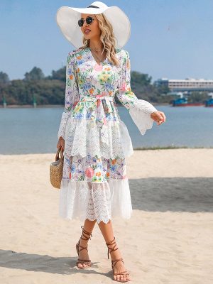 Spring Summer Women Clothing V neck Printed Lace Stitching Tied Holiday Dress