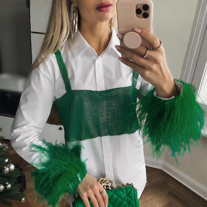 Spring Fashion Slim Fit Workplace Ostrich Feather Long Sleeve Women White Shirt Top - Image 4